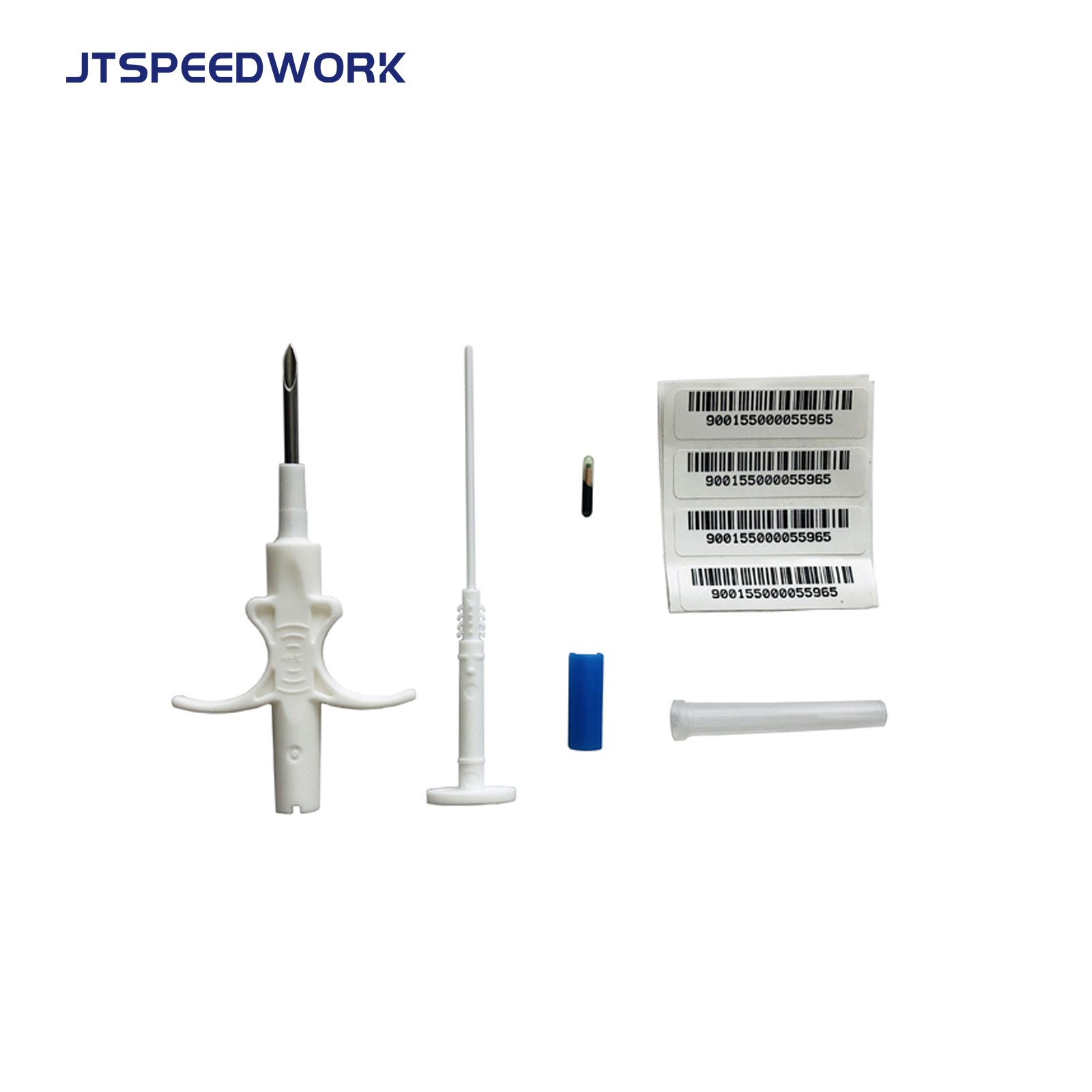 شريحة تعريف الحيوانات الأليفة بتقنية RFID JT-A002، قابلة للحقن بتردد 134.2 كيلوهرتز، تُزرع في الحيوانات بإبرة للاستخدام لمرة واحدة.