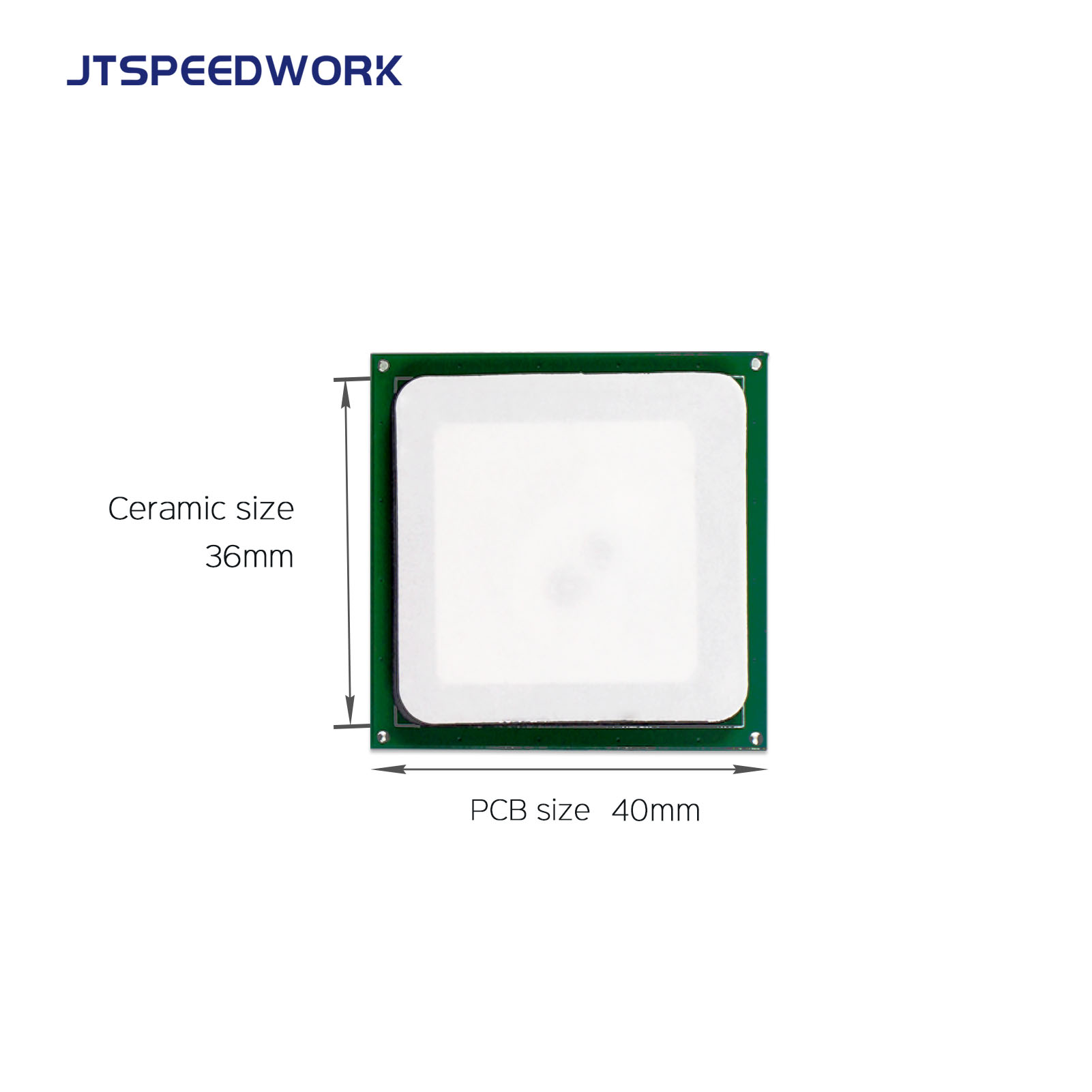 هوائي سيراميكي JT-T0036 بقوة 3 ديسيبل بتقنية UHF RFID، مقاس 36 × 36 مم، بتردد 865-868/902-928 ميجاهرتز، دائري يمين، مناسب لأجهزة المساعد الرقمي الشخصي (PDA).
